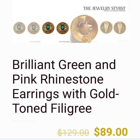 Vintage Style Dome Goldtone Clip On Earrings With Pink And Emerald Green Stones - Picture 5 of 7